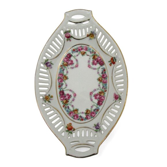 GERMAN Floral Rose Oval Reticulated Ceramic Candy DISH Vintage - Picture 5 of 8